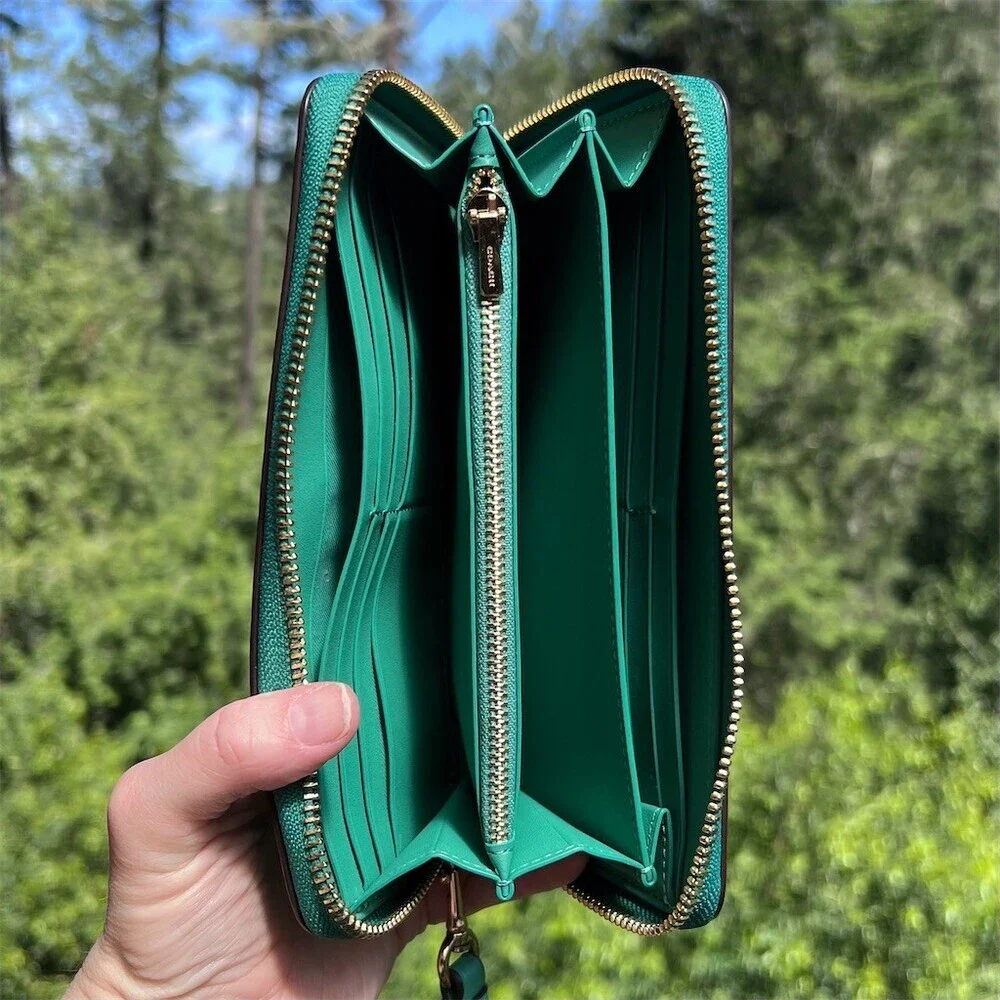 COACH Long Zip-Around Green Pebble Leather Wallet with Gold Hardware AUTHENTIC